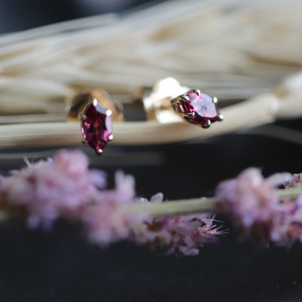 14K Solid Gold and Marquise Garnet Earrings - "Bonfire Heart "
